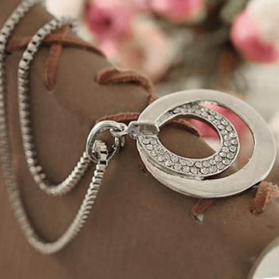 Damenmode Doppelkreise Strassbesetzt Lange Kette Halskette Schmuck Geschenk
