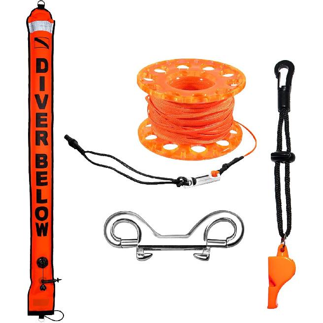 5ft Scuba Diving Surface Marker Buoy (SMB), Safety Sausage with Plastic 98ft Finger Spool Reel and Double Ended Hook Clip + Emergency Whistle for