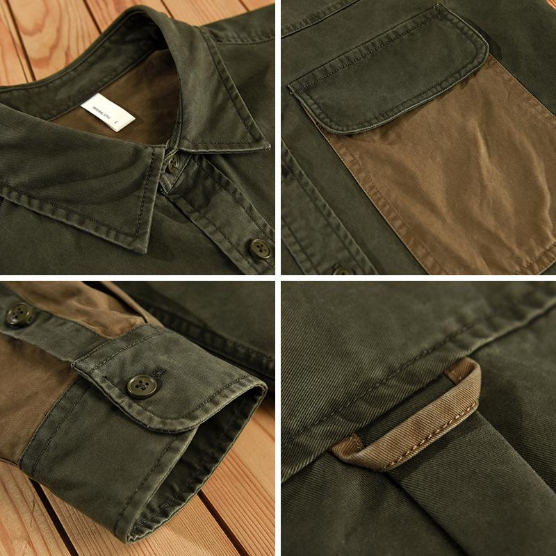Men's Daily Sleeve Patch Washed Grain Woven Cotton Long Sleeve Shirt Tooling Retro Trend Youth Thin Coat