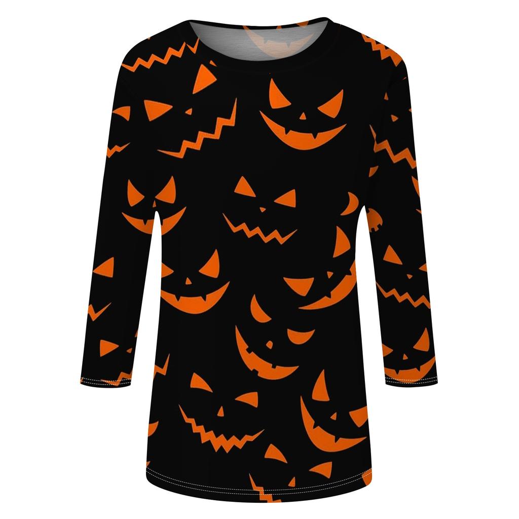 Women's Casual 3/4 Sleeve Crew Neck Top Halloween Themed Print Lightweight Pullover Blouse for Everyday Wear