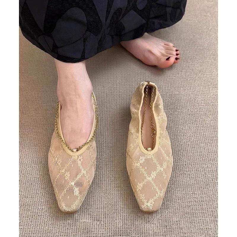 

Lace mesh breathable celebrity single shoes summer French square head one pedal chain Mary Jane flats 40