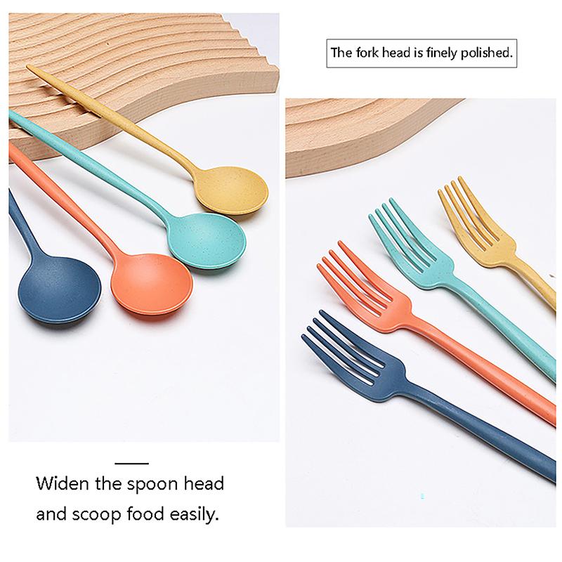 4Pcs Wheat Straw Cutlery Set Portable Tableware Reusable Spoon Knife Chopsticks Fork Travel Picnic With Carrying Box