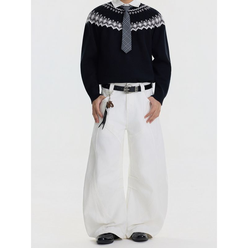 Blaexit American-Style Deconstructed Patchwork A-Line White Cargo Pants for Men, Wide-Leg Loose Drape Casual Scimitar Pants
