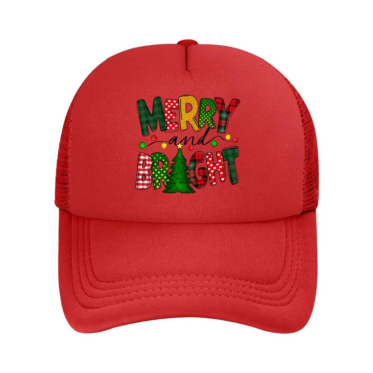 Merry And Bright Christmas Tree Plaid Lettering Design Mesh Baseball Cap Casual Hat Outdoor  For Womens Unisex FeUnisex One Size