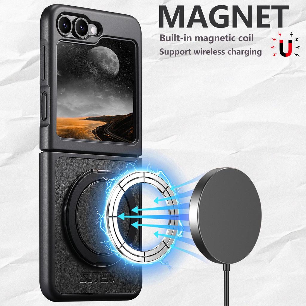 Samsung Z Flip Series Magnetic Wireless Charging Leather Case with 360° Rotatable Ring Stand