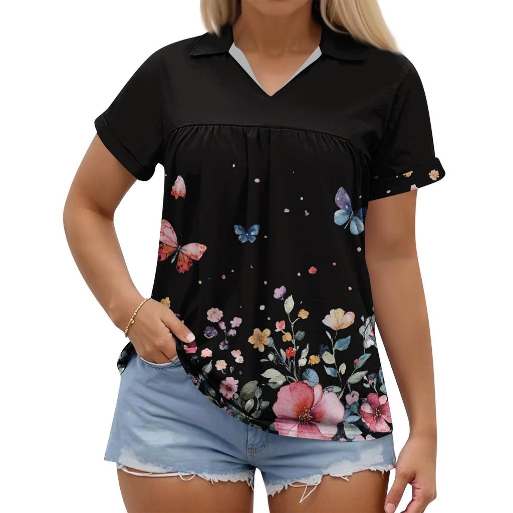 Women's Fashion Casual Printed V-Neck Short Sleeve Large Size T-Shirt Top