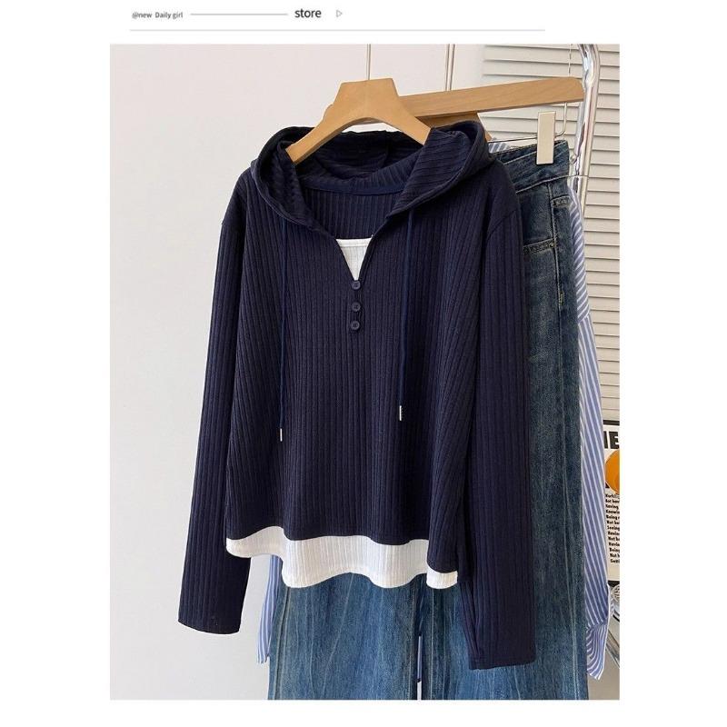 Autumn New Loose-fitting Fake Two-piece Spliced Long-sleeved Hooded T-shirt That Covers the Flesh Looks Slimming