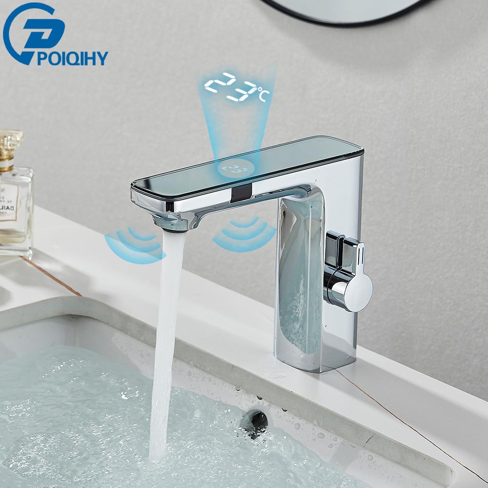 White Smart Sensor Basin Faucet Screen Digital Display Hot Cold Water Mixer Tap Touchless Vanity Sink Faucet For Bathroom