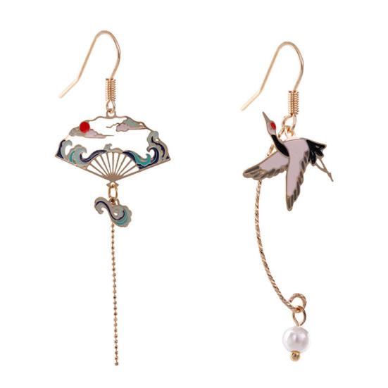 1 Pair Women Earrings Fan Crane Asymmetry Jewelry Animal Pendant Faux Pearl Painted Hook Earrings for Dating
