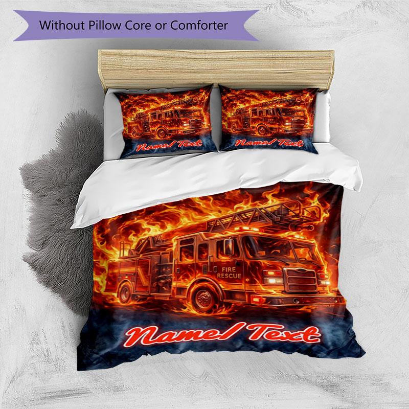 3PC Custom Name Fire Truck Flames Art Bedding Set Duvet Cover Closure Includes 1 Duvet Cover & 2 Pillowcases for Bedroom