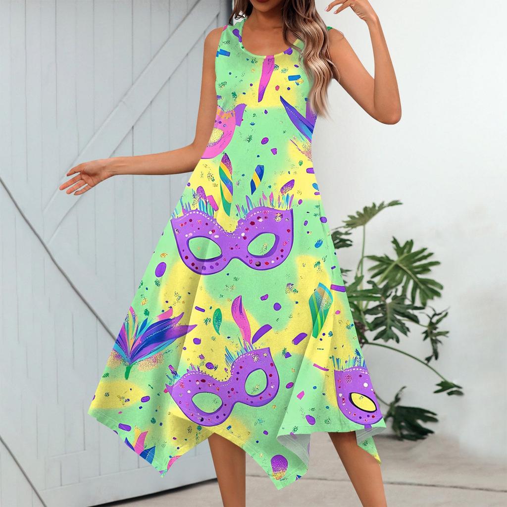 Dámská ležérní móda Midi šaty s kulatým výstřihem a potiskem bez rukávů s nepravidelným lemem