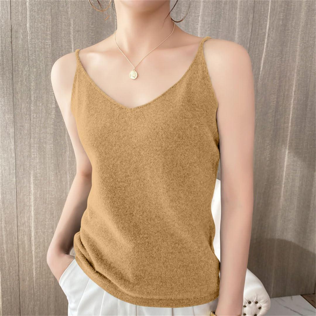 

Женские трикотажные топы с V-образным вырезом, повседневные блузки без рукавов, однотонные базовые майки L верблюд