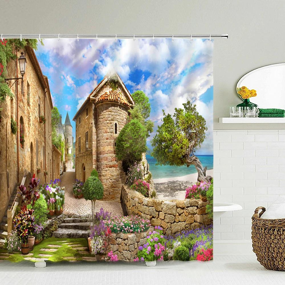 Цветочный Сад Пейзаж Занавеска для Душа Европейский Ретро Сельский Пейзаж Настенный Декор Подвесная Занавеска Водонепроницаемые Занавески для Ванной W90XH180cm
