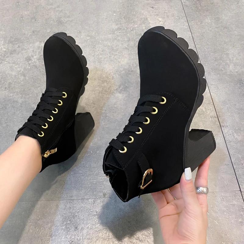 2024 Hot Selling Versatile New Spring and Winter Women's High Heels High Quality Lace Up Women's Shoes Thick Soled Boots