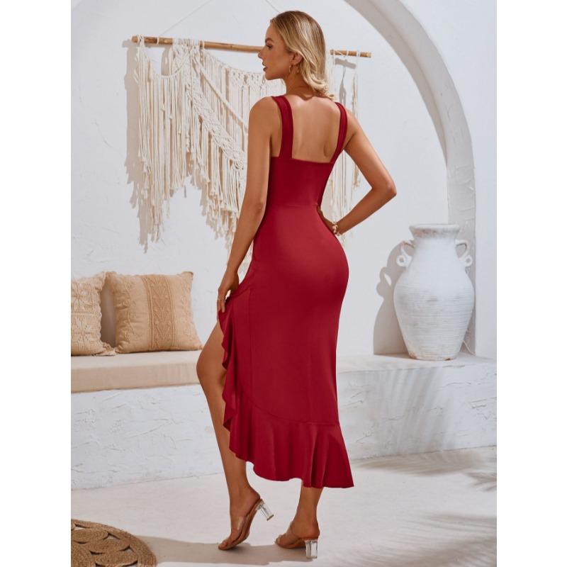 Výstřih do V Bez rukávů Volánkový lem Módní Dámské Letní Šaty Elegantní Jednobarevné Neformální Jednoduché Dámské Midi Společenské Šaty Nepravidelné Dámské Oblečení