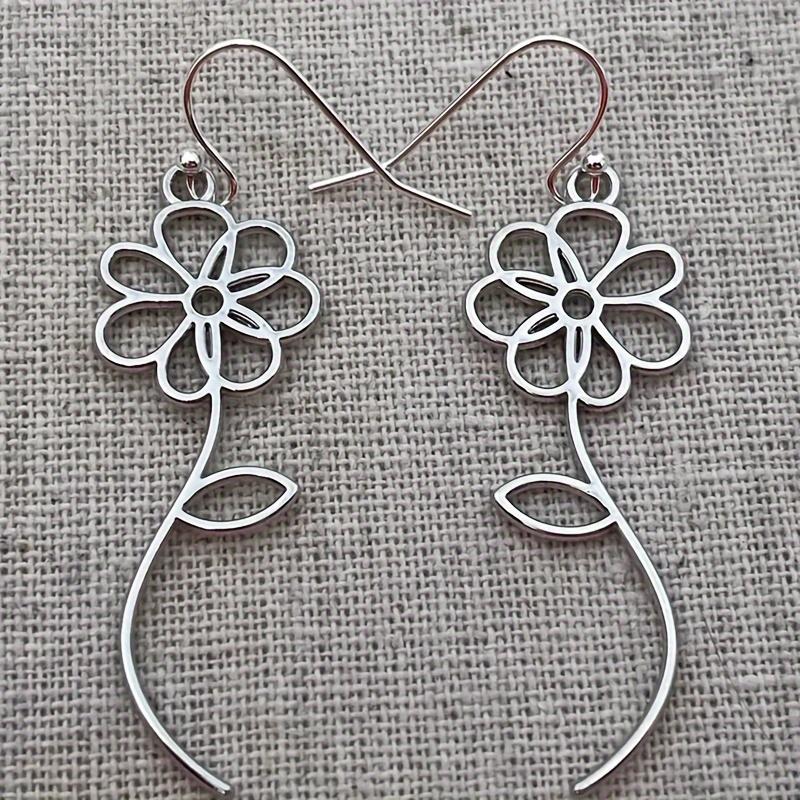 Cute Silvery Flower Dangle Earrings, Long Flower Drop for Women, Summer Fashion Vacation Style Jewelry, 1 Pair