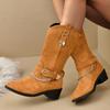 Women's Casual and Versatile Medium Boots New Fall Round Toe Chain Block Heel Solid Color Fashion Boots