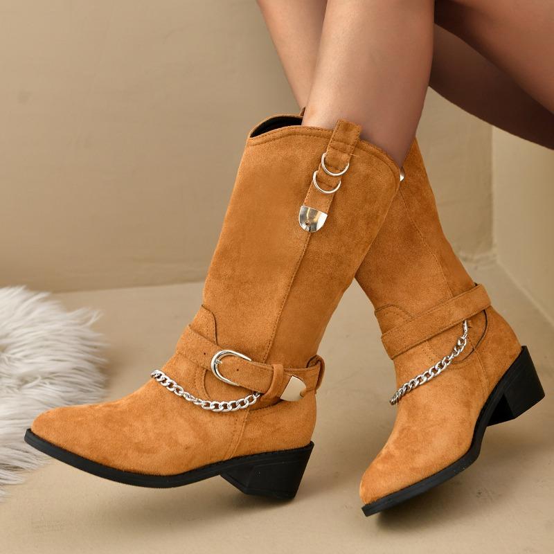 Women's Casual and Versatile Medium Boots New Fall Round Toe Chain Block Heel Solid Color Fashion Boots