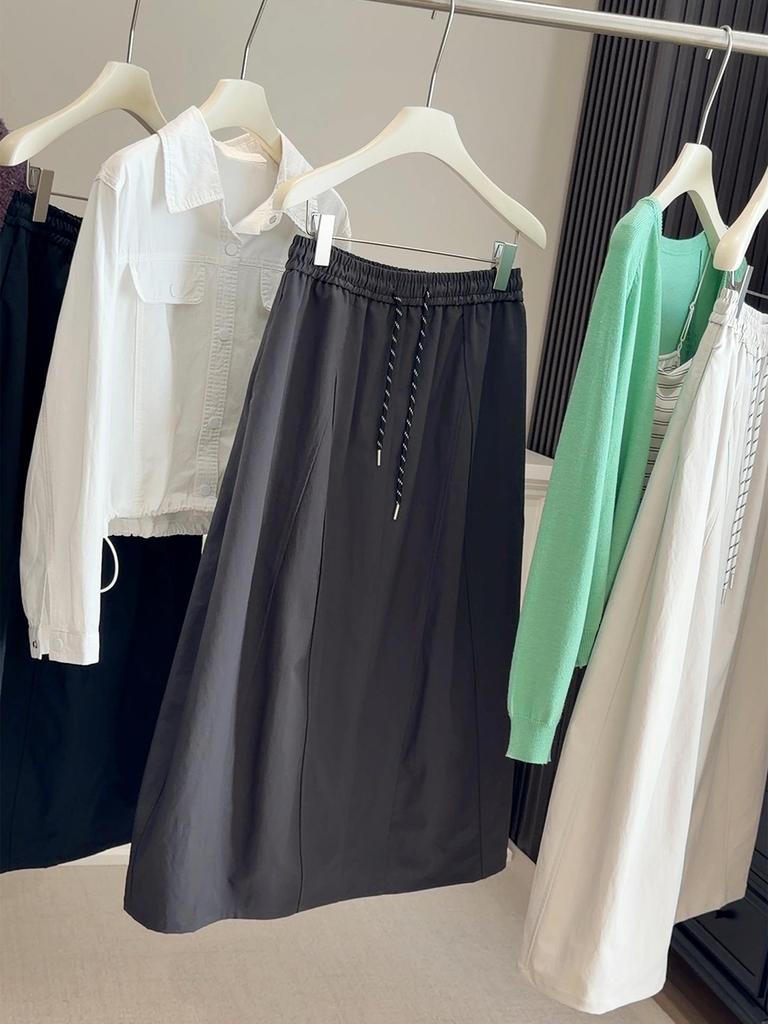 Women's A-line High-Waisted Cargo Midi Skirt, Spring/Autumn Style, Elastic Drawstring Waist, Slimming Fit for Pear-Shaped Figures