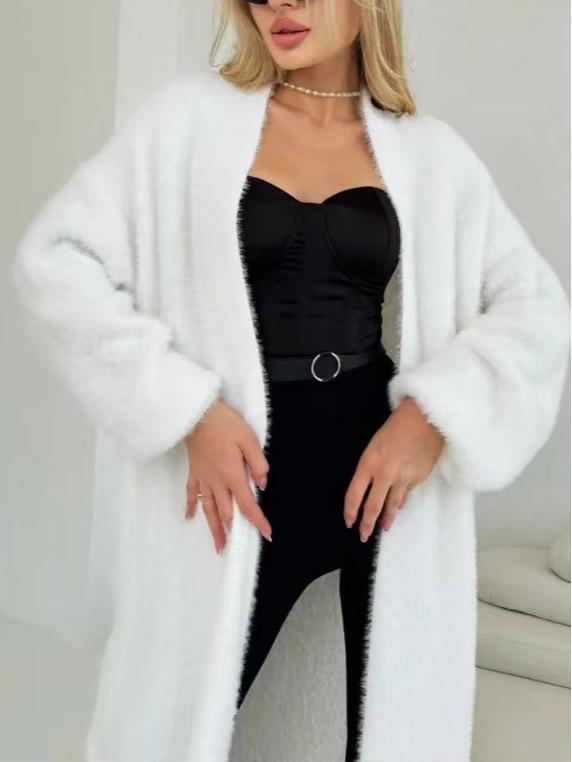 Extra Long White Faux Mink Cashmere Over-the-Knee Cardigan for Women - Loose, Thick Autumn/Winter Sweater
