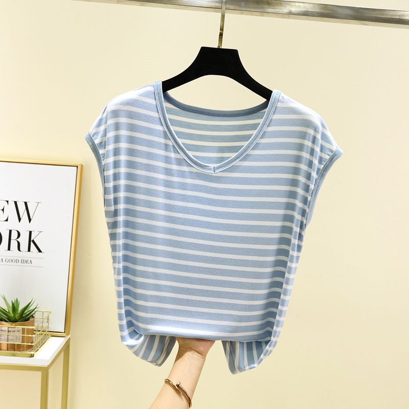 

Модальный женский летний жилет без рукавов большого размера, свободный базовый топ с V-образным вырезом, тонкое нижнее белье, повседневная футболка с коротким рукавом Blue 2XL (recommended 70.00 kg-85.00 kg