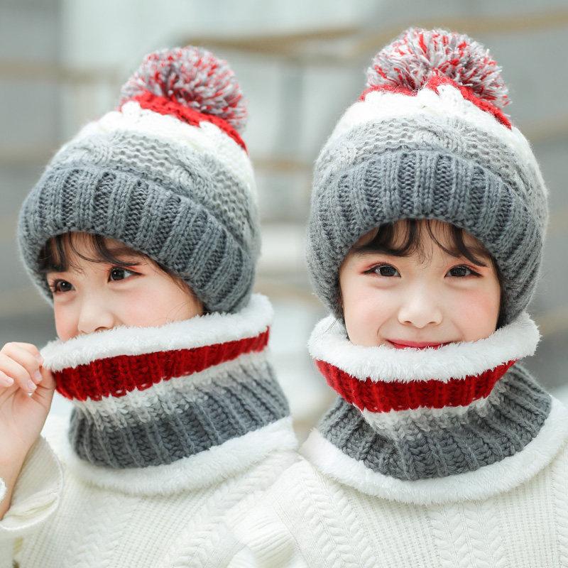 Wintermütze Schal Set Plüschwärmer Kinder Strickmütze Baby Jungen Mützen Kappe Halsschal Handschuh Anzug für Kinder Accessoires 5-12J
