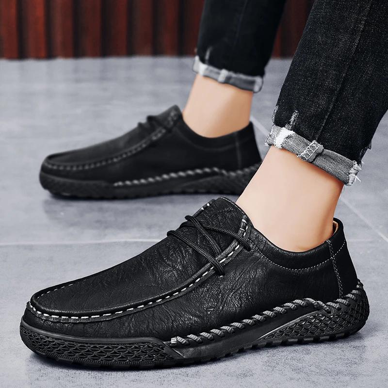 High Quality Handmade Leather Shoes for Men Soft Flat Lace-up Casual Leather Comfortable Designer Loafers Mens Zapatillas Hombre