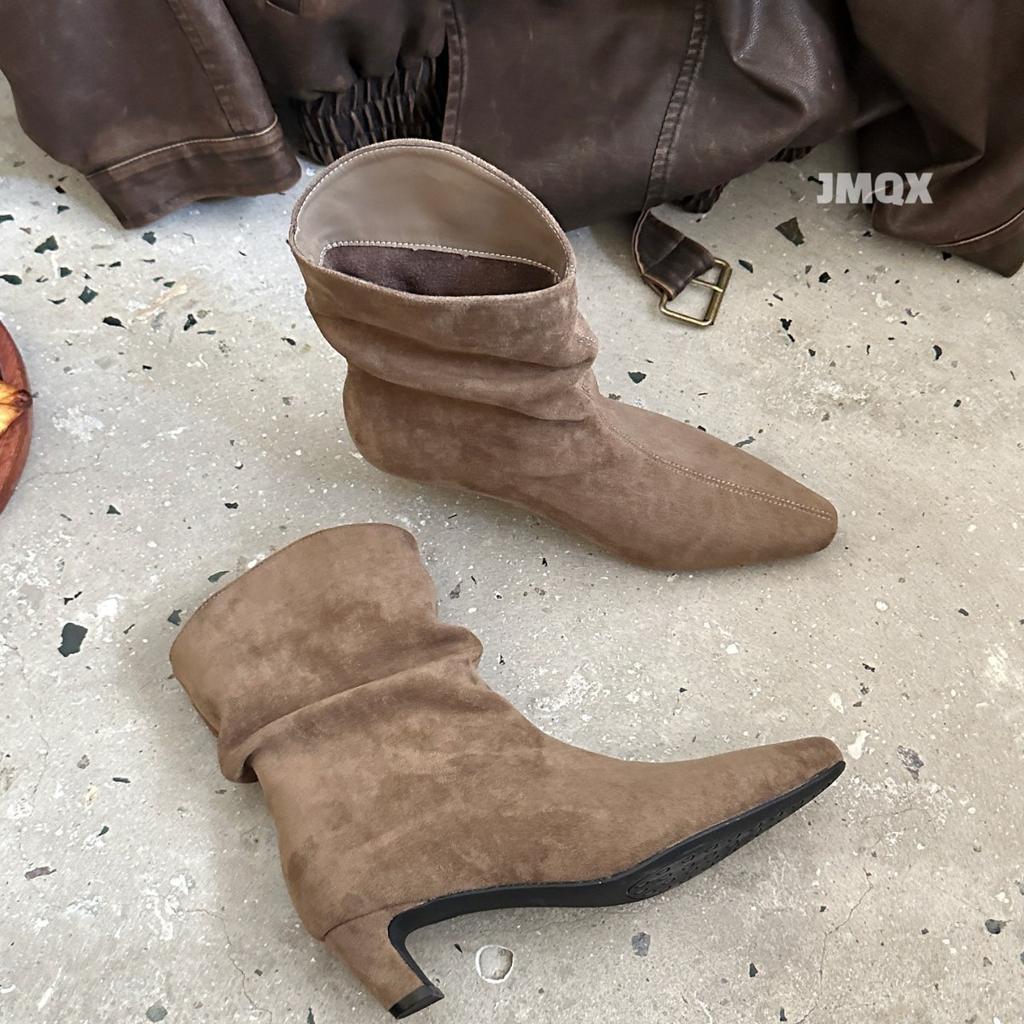 2025 autumn new stacking boots women's matte leather pointed low heel short boots women's sleeve western cowboy short boots