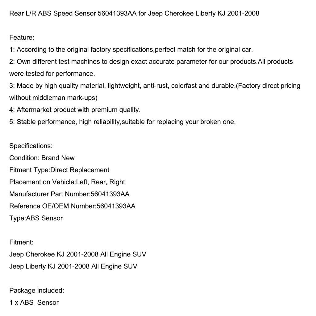 ABS-Drehzahlsensor hinten L/R 56041393AA für Jeep Cherokee Liberty KJ 2001-2008