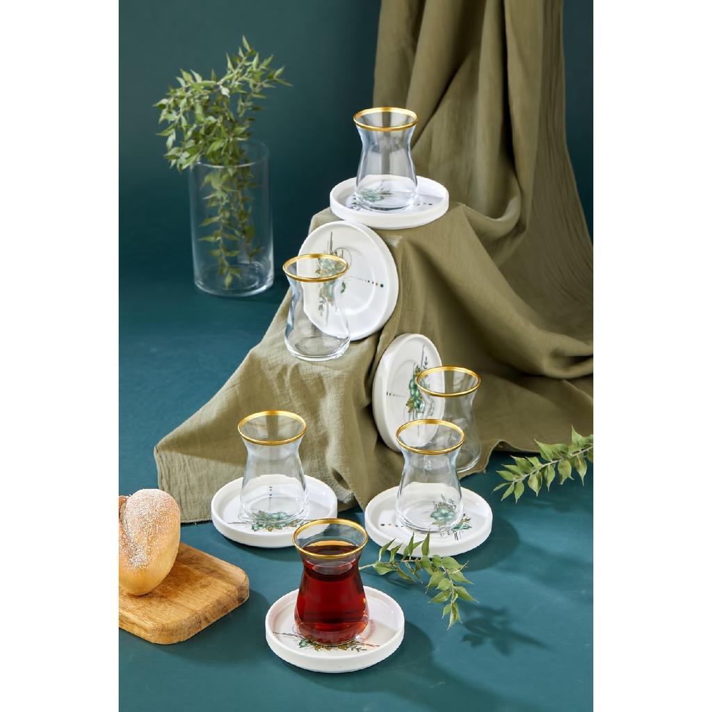 12 Piece Tea Cup Set With Gold Gilding Decoration Artless Green, Tea Set