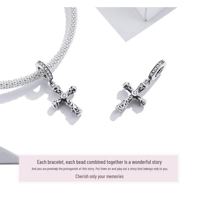 Avle S925 Sterling Silver Retro Cross Pendant Bracelet with European & American Fashion Beads