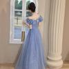 One-word shoulder blue evening dress skirt 1011 new banquet temperament light luxury niche host adult ceremony birthday dress