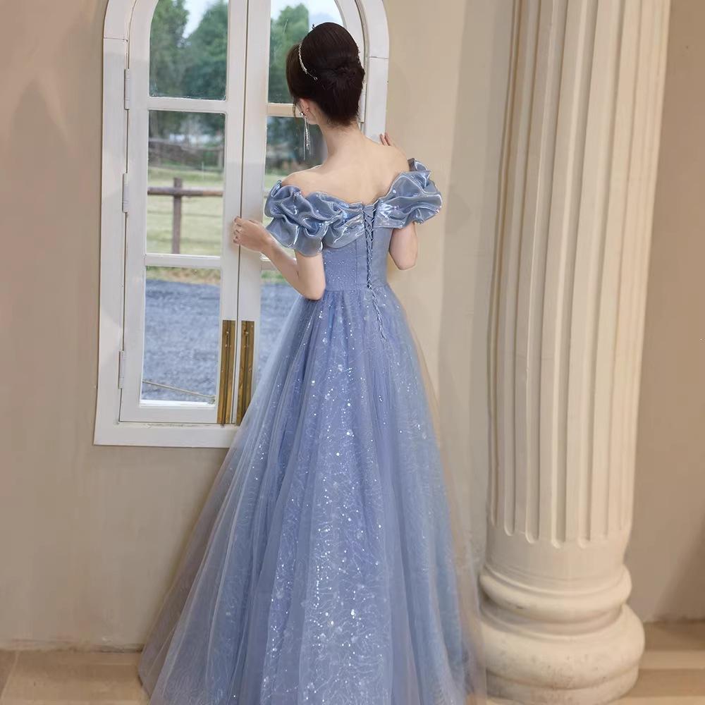 One-word shoulder blue evening dress skirt 1011 new banquet temperament light luxury niche host adult ceremony birthday dress