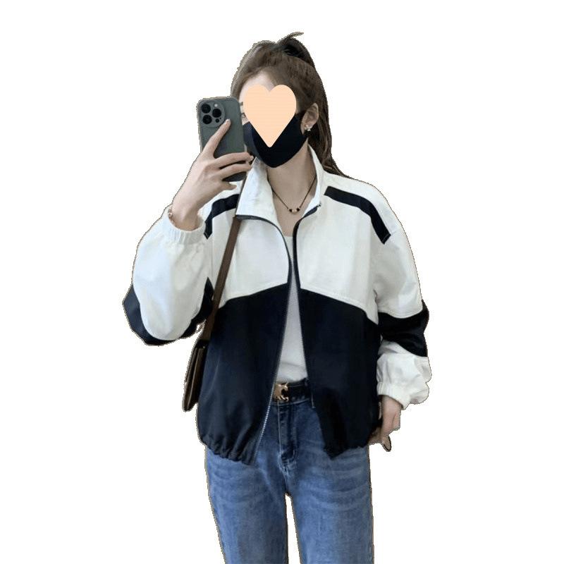 Windbreaker Jacket Women Cropped Spring Plus Size Casual Versatile Loose Color Block Baseball Top