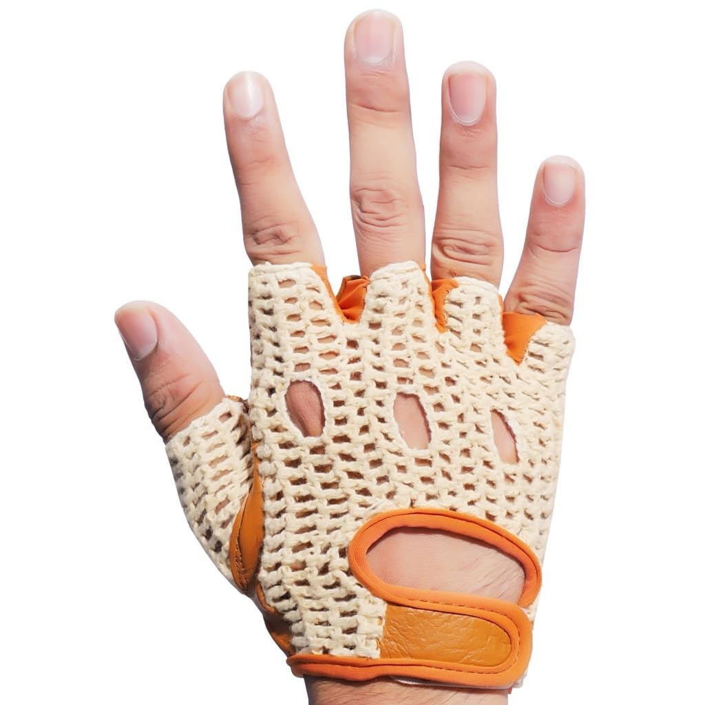 Kango Fitness Real Soft Leather Mesh Net Fingerless Driving Gloves for Weight Training, Cycling, and Wheelchair Use (W-1037) (Size Small)