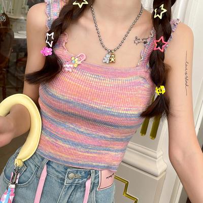 Fungus-edged Camisole for Women To Wear As Outerwear for Summer, New Design, Niche Contrasting Color Knitted Striped Inner Layering Top