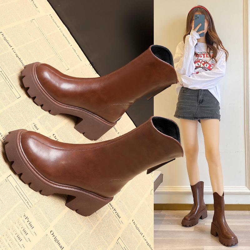 Brown Short Boots Women's 2025 Muffin Thick-soled Medium Tube Martin Boots Spring and Autumn Single Boots Thick Heel Thin Cigarette Tube Boots Incr