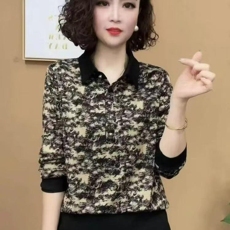 2024 Early Autumn Floral Patchwork Turn-Down Collar Long Sleeve Slimming Blouse for Middle-Aged Women