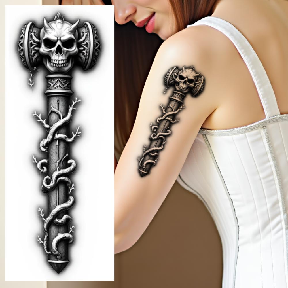 3pcs Temporary Tattoo Black And Grey Realism Candle And Bottle Cauldron With Smoke Sky And Bird For Adults Thighs Women