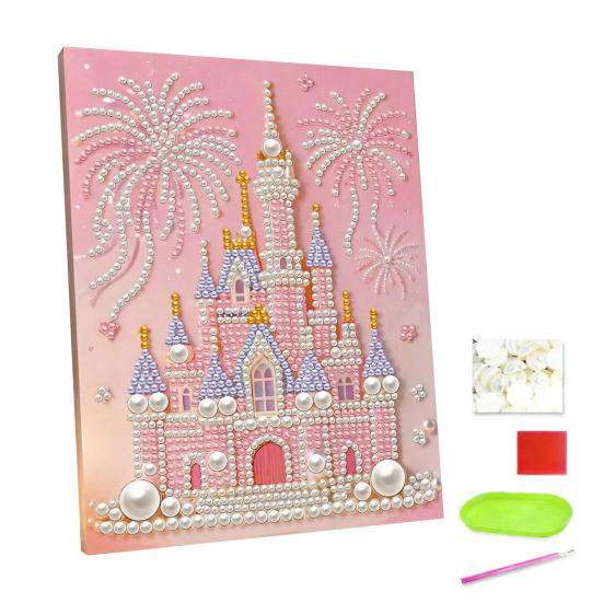 DIY 5D Faux Pearl Painting Kit Castle Butterfly Ocean Sunflower Plastic Pearl Art Kit for Adults Beginner Gemstone Art Craft for Gift Home Wall Decor