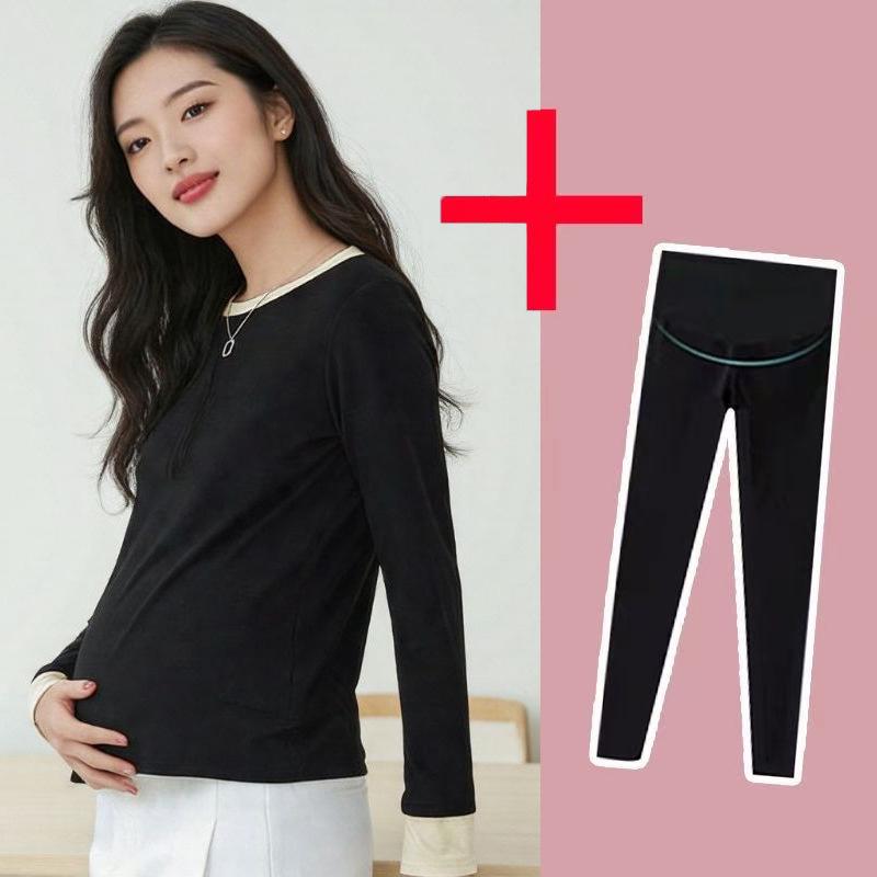 

Korean Style Maternity Fleece T-shirt - Plus Size Slimming, Tummy-Covering Autumn/Winter Wear 3XL (165-185 Jin)