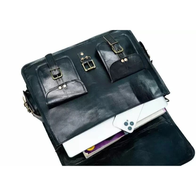 Vintage Laptop Messenger Briefcase Bag Satchel Black Men's Buff Leather