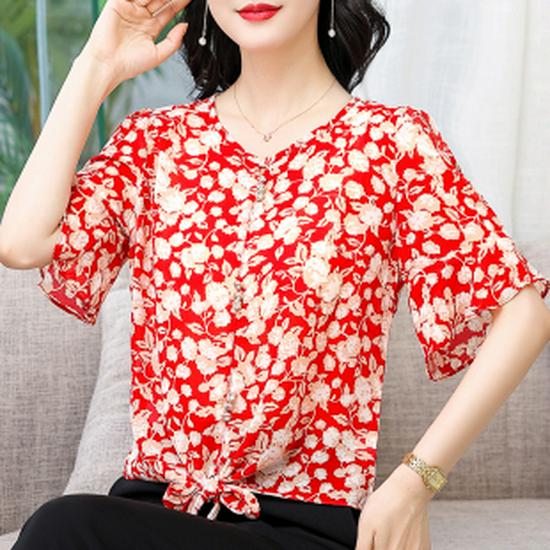 2021 Floral Chiffon Short-Sleeve Top: Slimming, Age-Reducing Style for Women