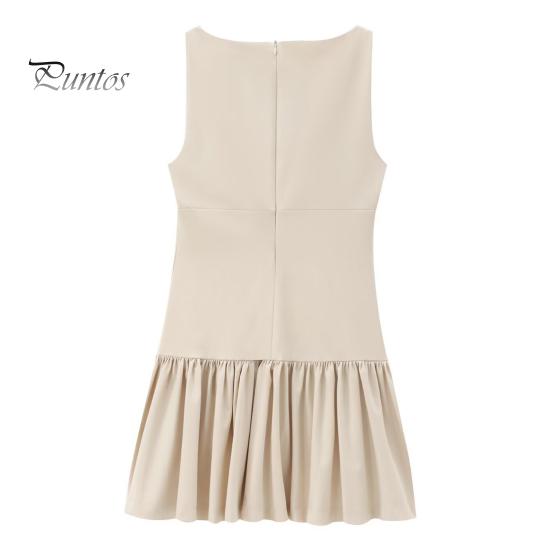 Women Summer Dress Sleeveless Bow Decor Pleated A-line Solid Color Mini Dress Back Zipper Closure O Neck Vest Dress for Dating Party