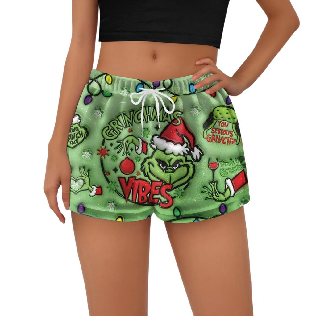 Dámské módní volné pyžamové šortky s fleecovým vánočním potiskem, ležérní kalhoty