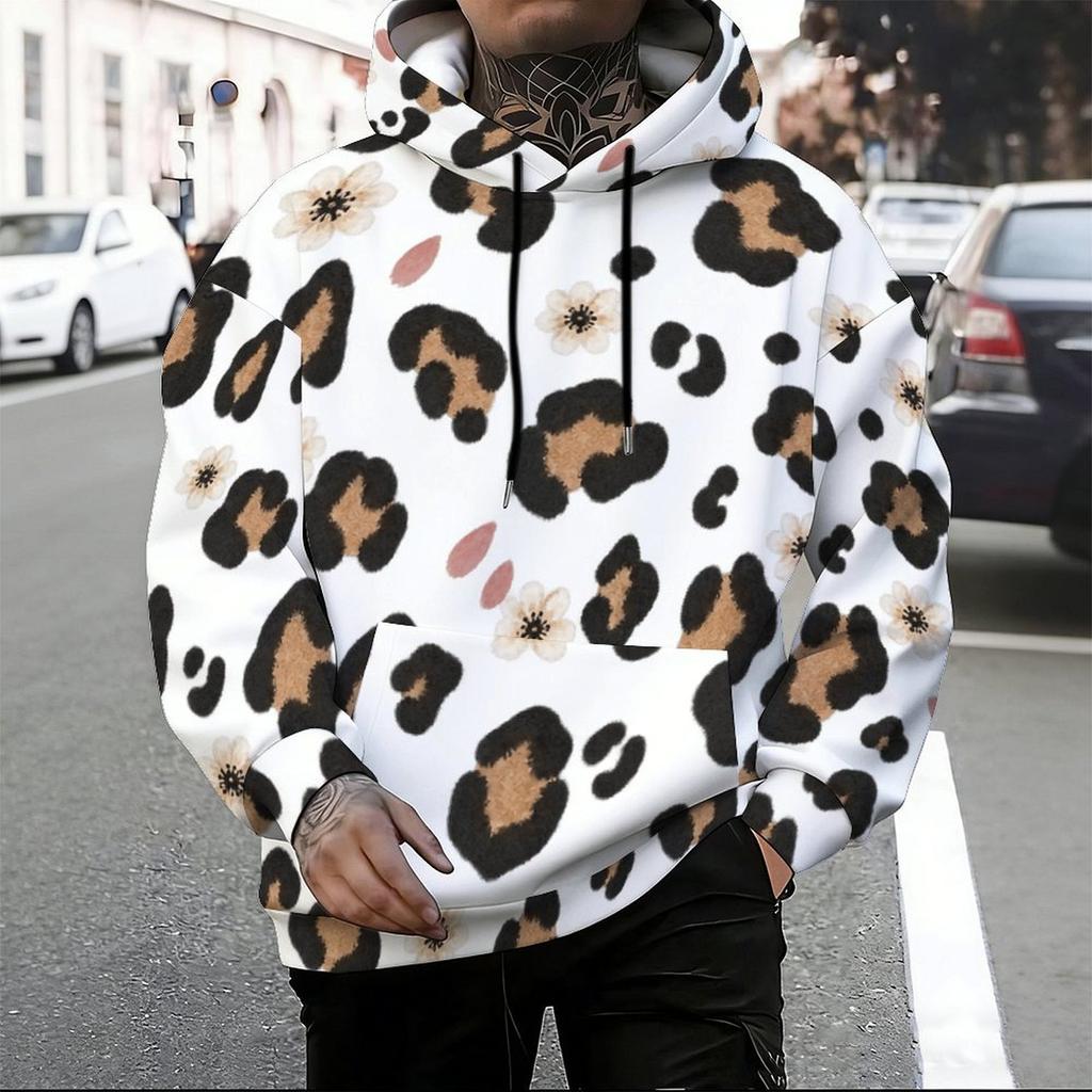 Men Plus Size White Sailboat Printed Long Sleeve Drawstring Hoodie Kangaroo Pocket Pullover