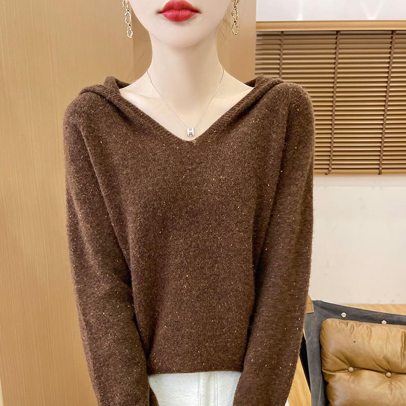 Women's 100% Pure Wool Hooded Knit Sweater - Cashmere, Thick, Loose Fit for Autumn/Winter