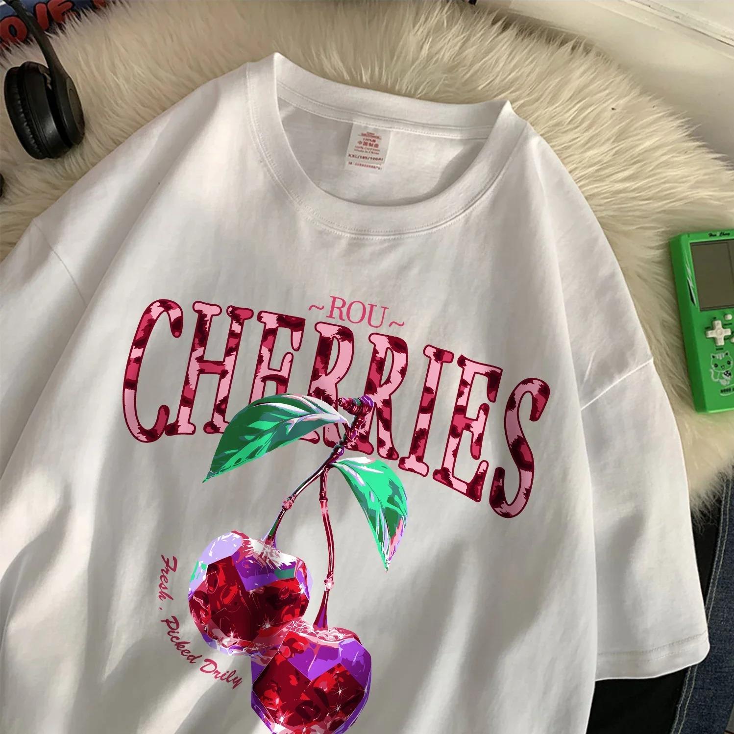 

Cherries T Shirt Women Prints Oversize Cotton TShirts Casual ONeck Short Sleeve Tops Summer Women Clothes S