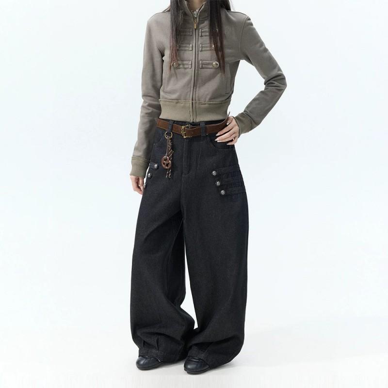 Womens Plus Size High-Waist Wide Leg Cropped Denim Pants Black Vintage Style Button Detail Loose Fit