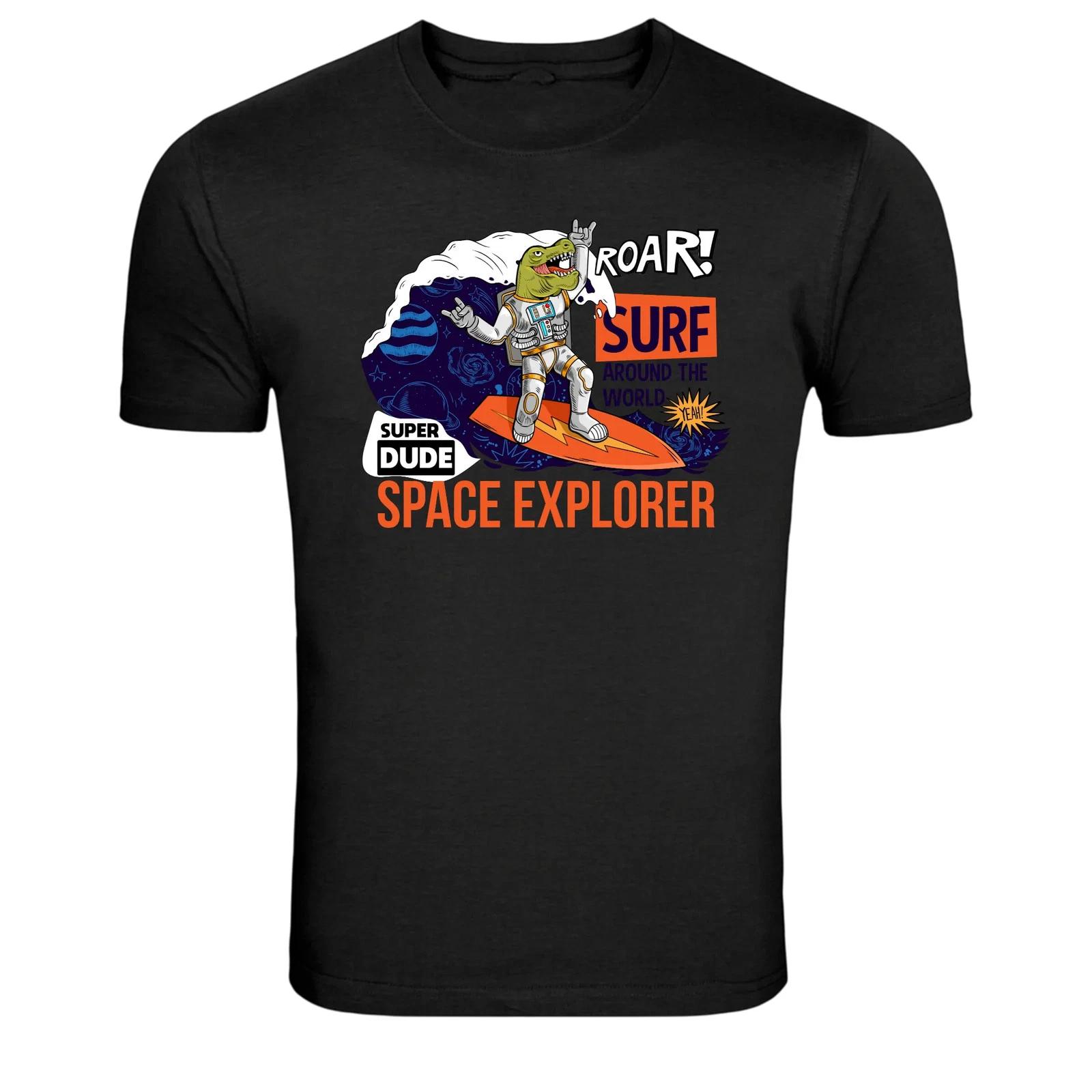 Space Explorer Dinosaur Astronaut Surf Graphic T-Shirt XXL